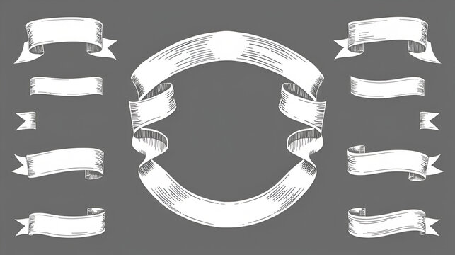 Ribbon banners with a vintage modern look incorporate hand drawn sketch elements commonly found in posters, logos, and invitation cards, showcasing retro heraldic ribbons