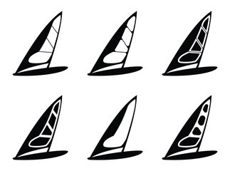 Windsurfing and Water Sports Silhouette Set – Surf, Jet Ski, Beach Activity Icons in Black Vector Illustration