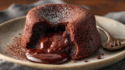 Chocolate lava cake cut open with warm chocolate flowing out