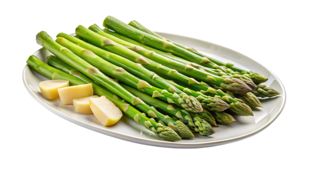 Fresh green asparagus spears with slices of lemon on a white plate isolated on transparent background