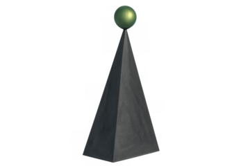 Balancing green sphere on top of a dark gray pyramid creating a geometric abstract concept art display