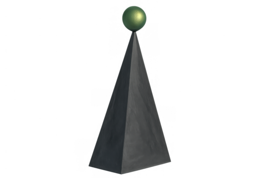 Balancing green sphere on top of a dark gray pyramid creating a geometric abstract concept art display