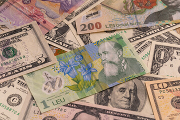 Full Frame Background of Mixed Romanian Leu and US Dollar Banknotes