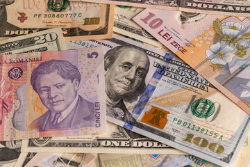 Full Frame Background of Mixed Romanian Leu and US Dollar Banknotes