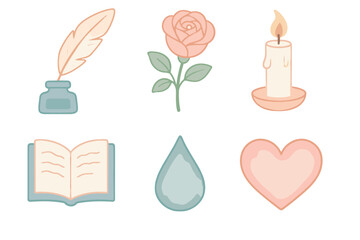 Symbols background grid pen pastel romantic vector icon drop rose quill text