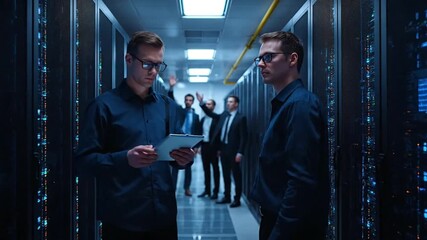 Focused IT Professionals and Management Team Inspecting Server Racks in a High-Tech Data Center Environment - Powered by Adobe