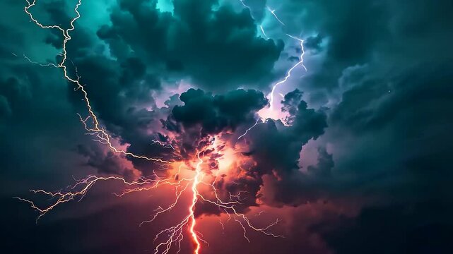 Dramatic Thunderstorm with Multiple Lightning Strikes in Dark Turbulent Clouds at Night