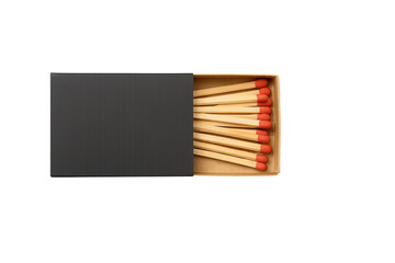 Open black matchbox with wooden matches showing red tips. Isolated on transparent background, png