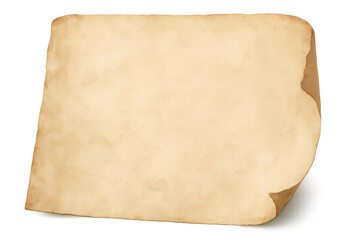 Aged parchment paper texture with curled corner creating vintage antique background effect, transparent background