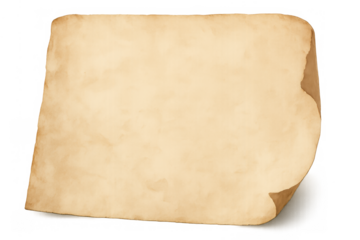 Aged parchment paper texture with curled corner creating vintage antique background effect, transparent background