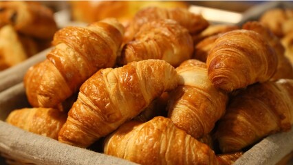 Golden Croissants Basket A Delicious Pile of Flaky, Buttery Pastries Ready to Enjoy