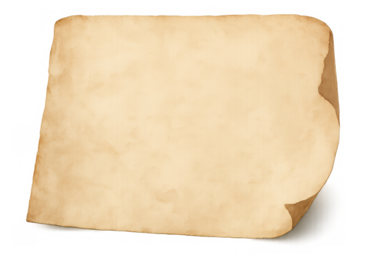 Aged parchment paper texture with curled corner creating vintage antique background effect, transparent background