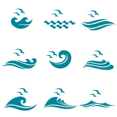 abstract collection of sea waves with seagulls isolated on white background
