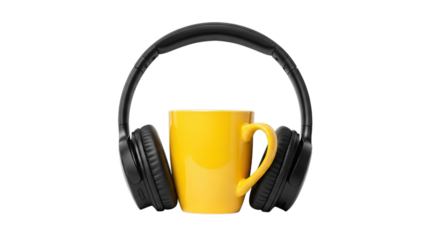 A bright yellow ceramic coffee mug is placed inside a pair of black over ear headphones isolated on transparent background
