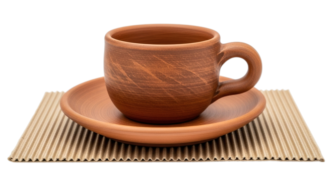 Rustic terracotta coffee mug and saucer with embossed design isolated on transparent background