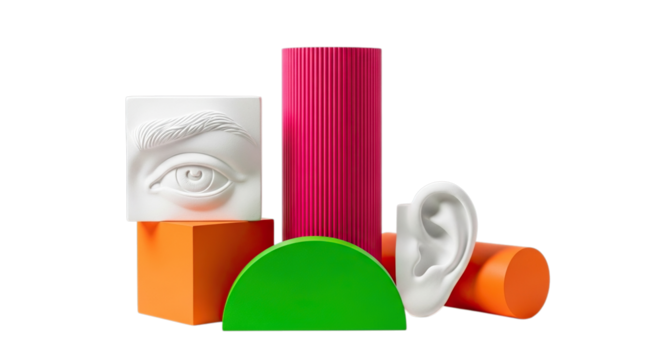 A collection of colorful geometric and organic shapes arranged together on a transparent background isolated on transparent background