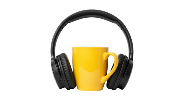 A bright yellow ceramic coffee mug is placed inside a pair of black over ear headphones isolated on transparent background