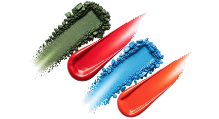 Vibrant swatches of eyeshadow and lip gloss in red blue green and orange isolated on transparent background