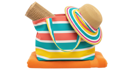 Colorful striped beach bag with a straw hat and rolled towel on an orange towel isolated on transparent background