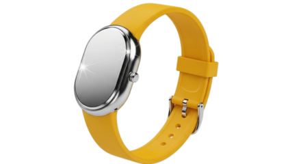 Sleek oval shaped smartwatch with a bright yellow silicone band isolated on transparent background