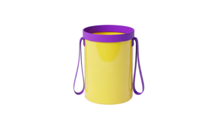Bright yellow water bottle with purple lid and straps isolated on transparent background