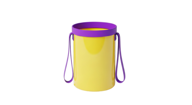 Bright yellow water bottle with purple lid and straps isolated on transparent background