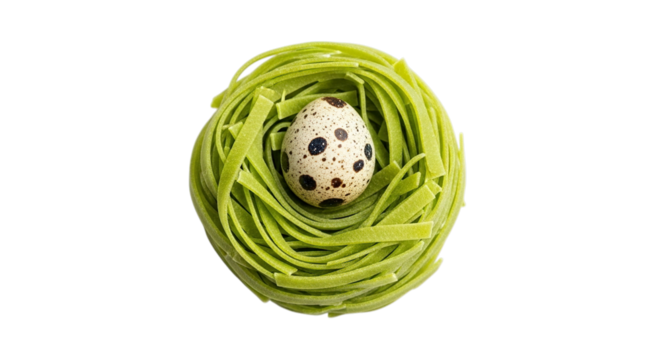 A single speckled quail egg rests cradled within a delicate nest of bright green shredded vegetables isolated on transparent background