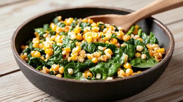 Wholesome bowl of greens: A vibrant medley of fresh, green spinach and sweet corn kernels is presented in an earthy bowl, reflecting culinary art.