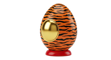 Ornate tiger stripe patterned egg shaped object with golden oval accent isolated on transparent background