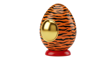 Ornate tiger stripe patterned egg shaped object with golden oval accent isolated on transparent background