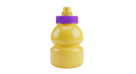 Bright yellow squeeze bottle with purple cap and dispensing tip isolated on transparent background
