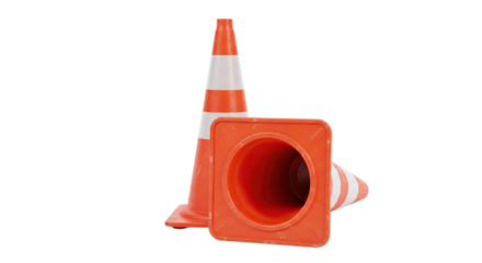 Two bright orange traffic cones one upright and one lying flat isolated on transparent background