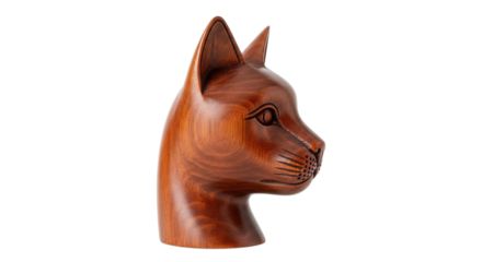 Detailed wooden carving of a cat s head in profile with intricate details isolated on transparent background