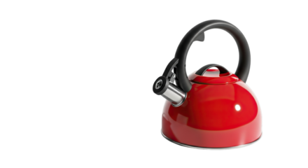 A shiny bright red stovetop whistling kettle with a black handle isolated on transparent background