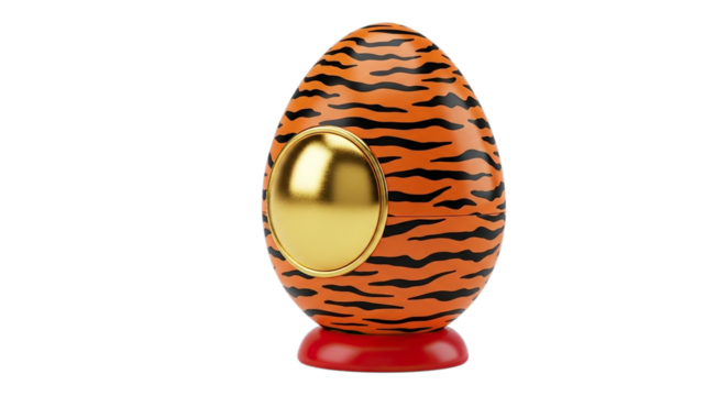 Ornate tiger stripe patterned egg shaped object with golden oval accent isolated on transparent background - Powered by Adobe