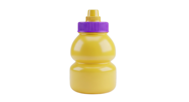 Bright yellow squeeze bottle with purple cap and dispensing tip isolated on transparent background