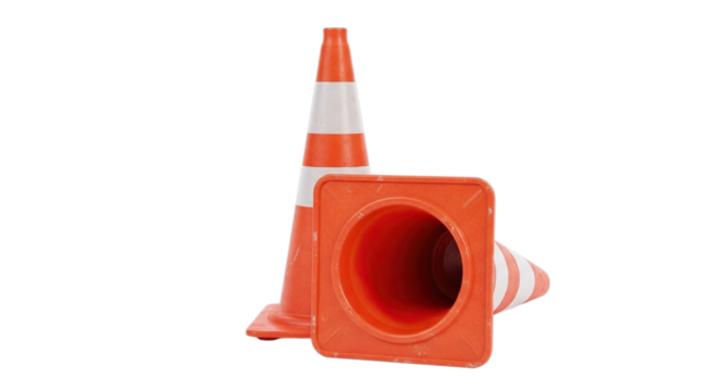 Two bright orange traffic cones one upright and one lying flat isolated on transparent background
