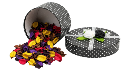 A decorative round gift box with a lid spilling colorful flower petals onto a transparent background isolated on transparent background