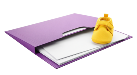 A bright yellow baby shoe rests on a purple folder containing white papers isolated on transparent background