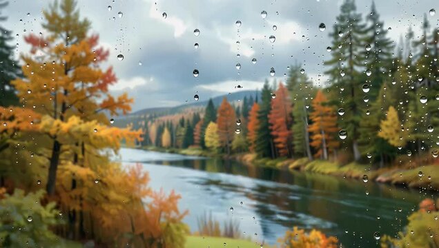 4K looped animation of raindrops falling and sliding down a window surface with a softly blurred autumn river and tree landscape visible in the background creating a natural atmospheric rainy day