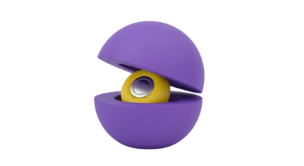 A bright yellow egg shaped object with a silver reflective surface nestled inside a purple open egg shaped container isolated on transparent background