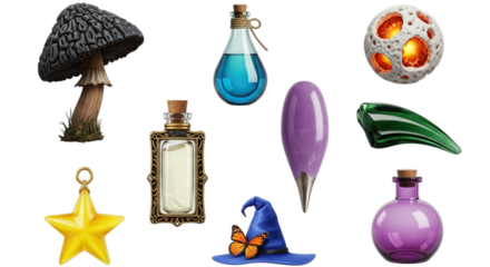 Collection of fantasy objects including a mushroom potions witch hat and mystical egg isolated on transparent background