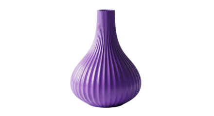 A tall slender ribbed purple vase with a bulbous base and narrow neck isolated on transparent background