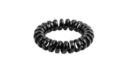 A single black spiral hair tie coiled tightly resembling a spring isolated on transparent background