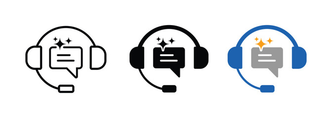 Three headset icons with speech bubbles and sparkles On Transparent Background