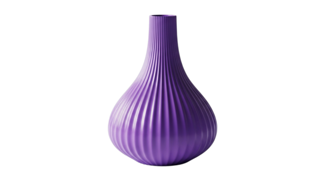 A tall slender ribbed purple vase with a bulbous base and narrow neck isolated on transparent background