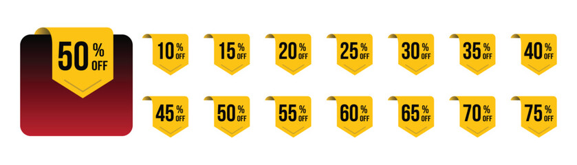 Collection of Yellow Discount Tags with Percentage Off Labels On Transparent Background