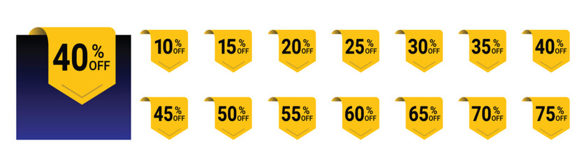 Yellow Sale Discount Tags with Percentages label On Transparent Background