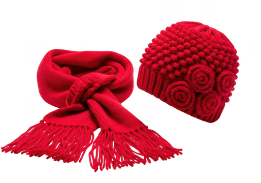 Red knitted hat and scarf isolated on transparent background