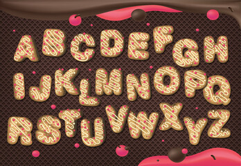 Christmas and New Year gingerbread alphabet and cookies isolated on dark background. Gingerbread alphabet. Biscuit letters and text communication, xmas cookie font tasty ginger bread typography.